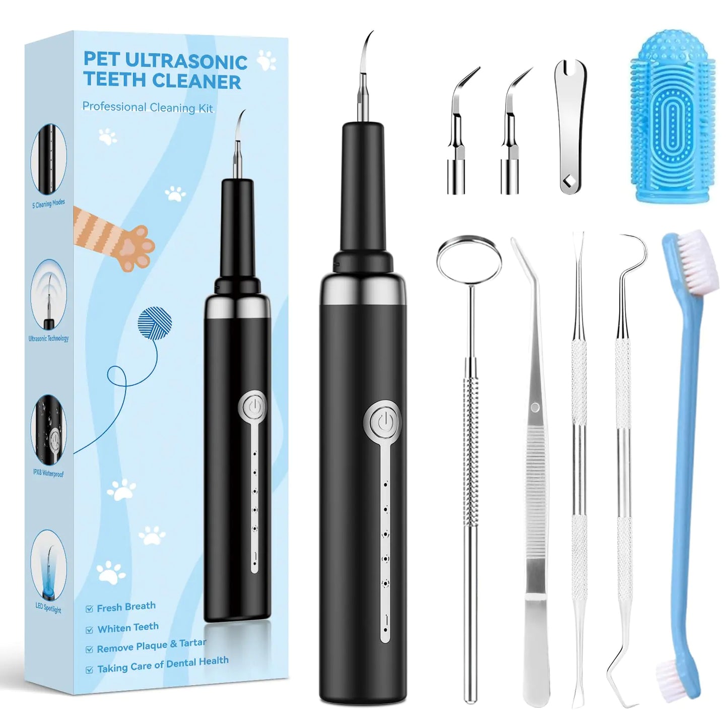UKEXE Dog Plaque Tartar Remover for Teeth Pet Ultrasonic Tooth Cleaner Dental Tools Cleaning Kit for Teeth Stains for Dogs & Cats with 5 Modes (Black)